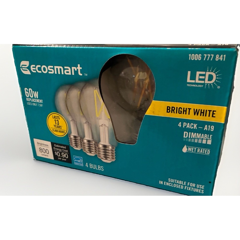 (4-Pk) EcoSmart A19 Dimmable Clear Glass Filament LED Light Bulb Bright White